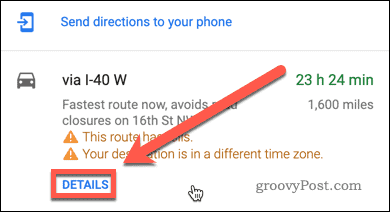 Przycisk szczegółów wskazówek dojazdu w Mapach Google