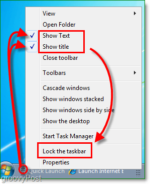 wyłącz tekst i tytuł szybkiego uruchamiania w Windows 7, zablokuj pasek zadań