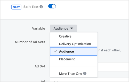 Wybierz zmienną do przetestowania za pomocą funkcji testów dzielonych Facebooka.