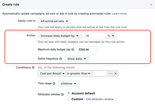 Użyj automatycznych reguł Facebooka, zwiększ budżet, gdy ROAS będzie większy niż 2, krok 2, ustawienia akcji