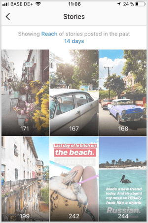 Wyświetlaj historie z Instagrama Dane w usłudze Instagram Analytics.