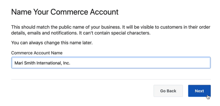 opcja okna dialogowego, aby nazwać swoje konto handlowe na Facebooku