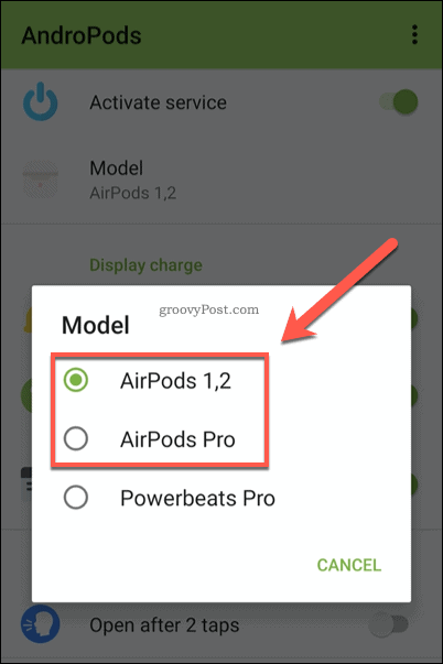 Menu modelu AndroPods AirPods