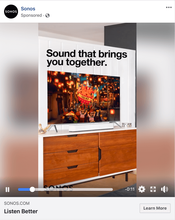 Przykład reklamy wideo na Facebooku firmy Sonos.