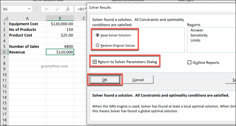 Okno wyników Excel Solver