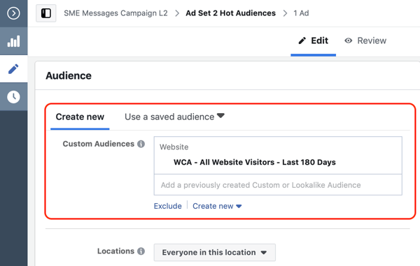 Jak przekonwertować odwiedzających witrynę za pomocą reklam Facebook Messenger, krok 2, utwórz niestandardową grupę odbiorców witryny