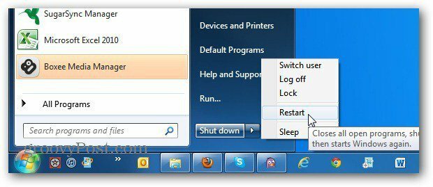 Zmień przycisk zasilania menu Start systemu Windows 7 na Zawsze uruchamiaj ponownie