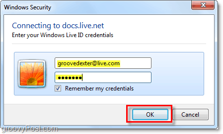 wprowadź nazwę użytkownika i hasło do konta Windows Live w Microsoft Office 2010
