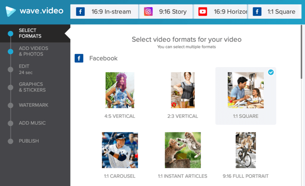 Opracuj społeczną strategię wideo, utwórz wideo za pomocą Wave.video, opcji szablonów Facebooka.