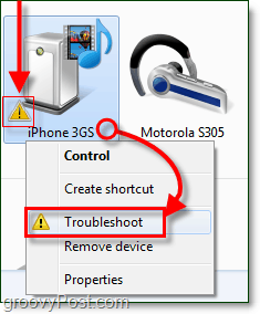 kliknij prawym przyciskiem myszy urządzenie Bluetooth i kliknij opcję rozwiązywania problemów, zwróć uwagę na ikonę rozwiązywania problemów, która jest reprezentowana przez pomarańczowy wykrzyknik