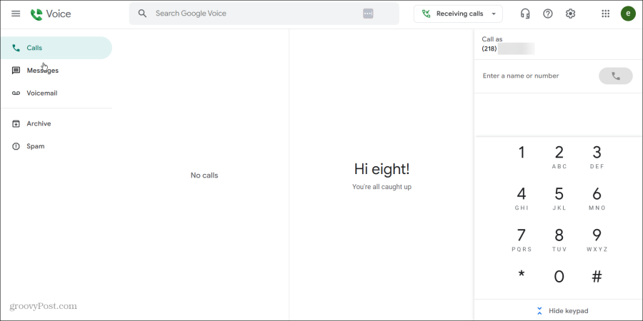 interfejs internetowy Google Voice