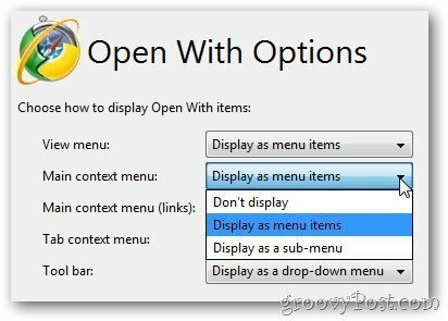 Otwórz z opcjami - główne menu kontekstowe