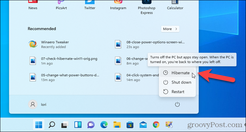 Opcja hibernacji dostępna w menu Start w systemie Windows 11