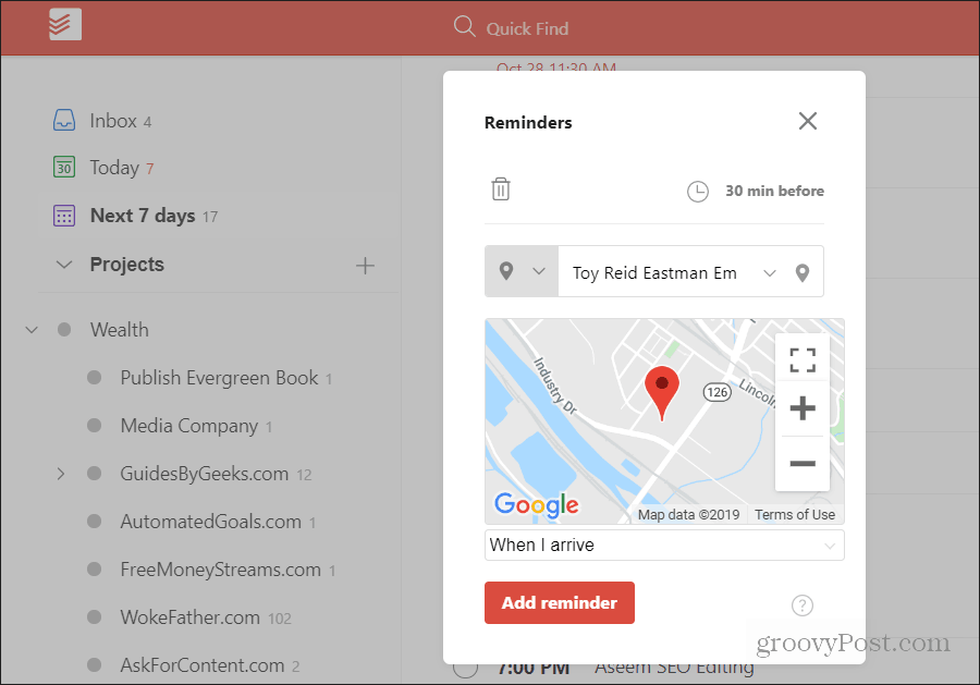 dodanie przypomnienia opartego na lokalizacji w todoist