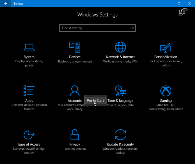 Kategorie ustawień systemu Windows 10