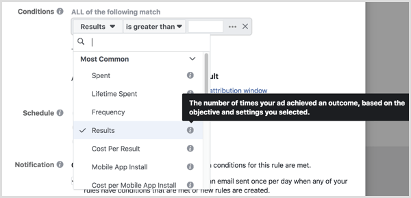 podpowiedź podczas konfigurowania warunków dla automatycznej reguły Facebooka