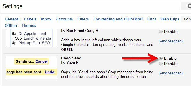 Włącz cofanie wysyłania za pośrednictwem Laboratorium Gmaila