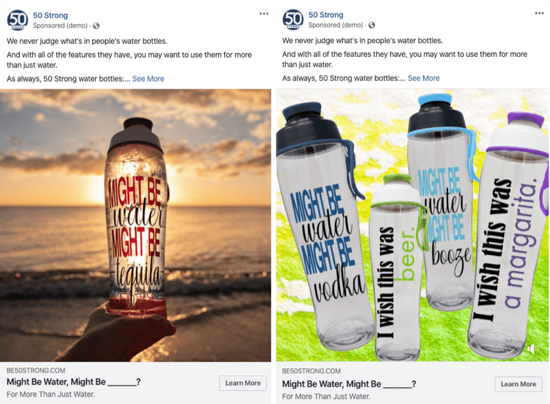 dwie reklamy na Facebooku z różnymi obrazami do przetestowania w eksperymentach na Facebooku