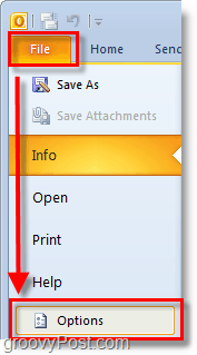 w programie Outlook 2010 użyj wstążki pliku, aby otworzyć opcje