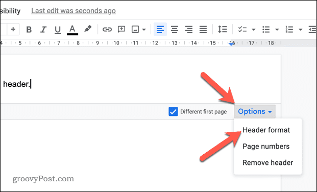 Otwórz menu opcji formatu nagłówka w Dokumentach Google