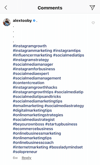 przykład komentarza na Instagramie autorstwa @alextooby składającego się z 30 odpowiednich hashtagów