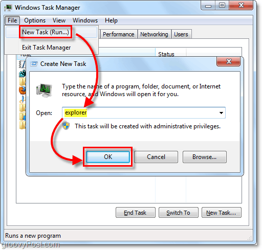 uruchom ponownie eksploratora w Windows 7 bez ponownego uruchamiania otwartego eksploratora