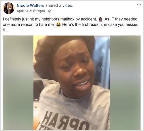 Nicole Walters opublikowała wideo na Facebooku z tekstowym wprowadzeniem, które mówi, że właśnie przypadkowo trafiła do skrzynki pocztowej sąsiada. Nicole ma na sobie czarną chustę na głowę i szarą koszulkę.
