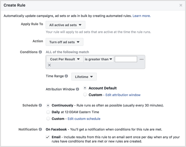 Okno konfiguracji automatycznych reguł Facebooka