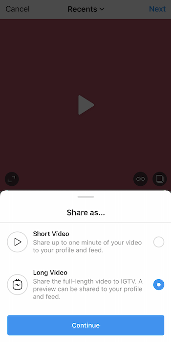 przesyłanie wideo na Instagram z udostępnieniem jako menu i wybraną opcją długiego wideo