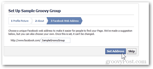 grupa konfiguracji Facebooka krok 3 adres internetowy Facebooka ustaw adres