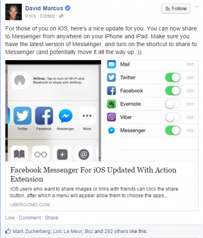 „Użytkownicy Facebook Messenger z iPhone'ami lub iPadami mogą teraz udostępniać zdjęcia lub linki bezpośrednio do aplikacji po aktualizacji aplikacji na iOS.”