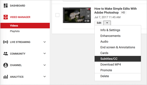 Przejdź do swojego filmu w YouTube i wybierz Napisy / Napisy z menu rozwijanego Edytuj.