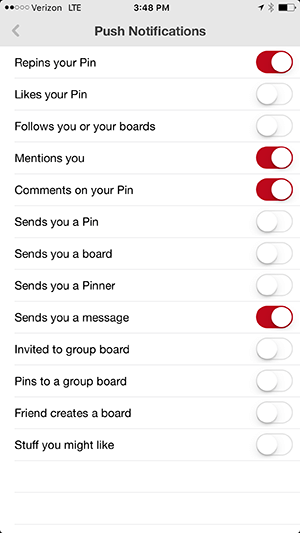 Opcje powiadomień aplikacji Pinterest na iPhone'a