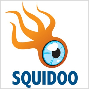 To zrzut ekranu z logo Squidoo, które przedstawia pomarańczową istotę z czterema mackami i dużą niebieską gałką oczną.