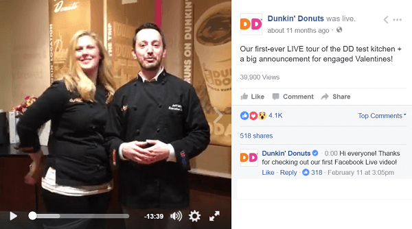 Dunkin Donuts wykorzystuje wideo Facebook Live, aby zabrać fanów za kulisy.