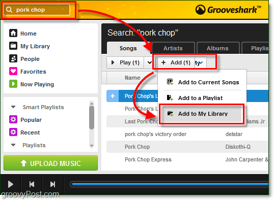 dodaj wyszukiwane utwory do swojej biblioteki muzycznej Grooveshark