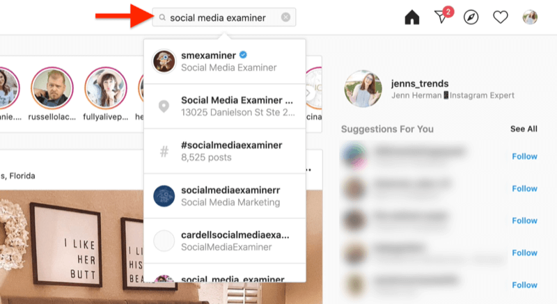 zrzut ekranu z pulpitu pokazujący wyszukiwanie konta na Instagramie przy użyciu wyszukiwanych haseł w narzędziu społecznościowym