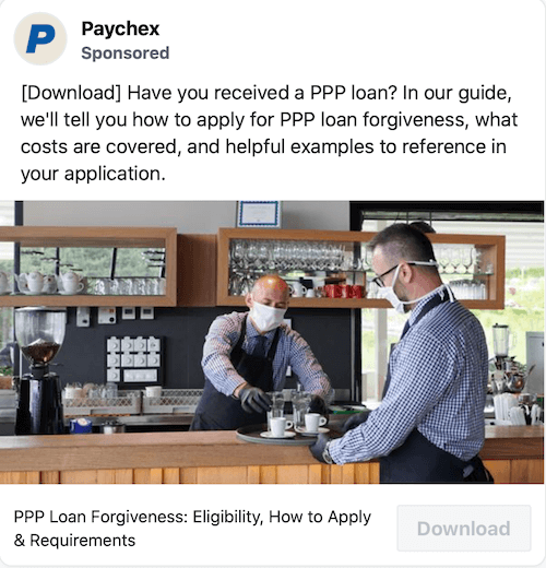 przykład postu sponsorowanego przez paychex do generowania potencjalnych klientów pożyczki ppp