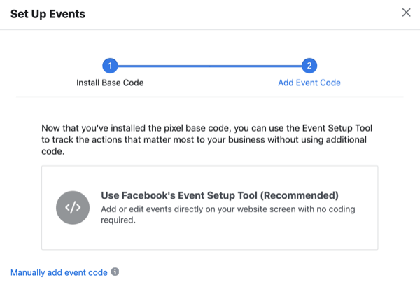 Okno dialogowe konfiguracji wydarzeń z opcją Użyj narzędzia konfiguracji wydarzeń Facebooka