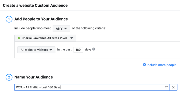 skonfigurować niestandardową grupę docelową na Facebooku dla wszystkich odwiedzających witrynę w ciągu ostatnich 180 dni