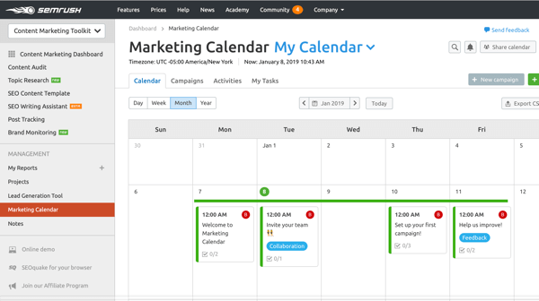 Przykład kalendarza marketingowego SEMrush.