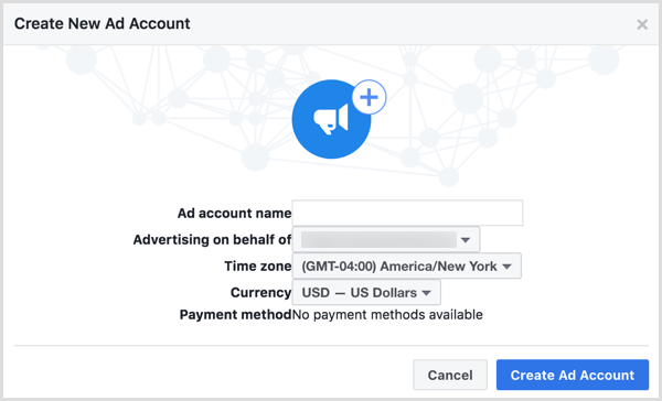 Użyj nazwy swojej firmy, gdy zostaniesz poproszony o nazwanie swojego nowego konta reklamowego na Facebooku.