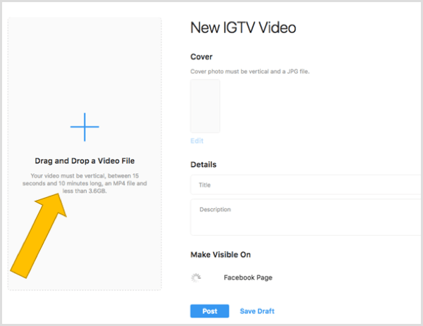 Przeciągnij i upuść plik, aby przesłać wideo IGTV na pulpit.