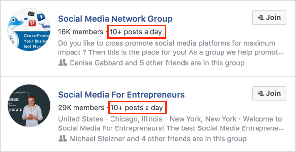 przykłady liczby postów dziennie dla grupy na Facebooku