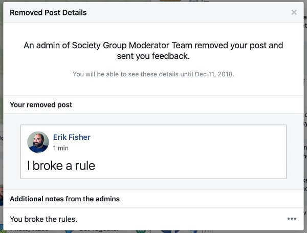 Wygląda na to, że Grupy na Facebooku dają administratorom opcję udostępnienia powodu usunięcia postu osobie, która go opublikowała.