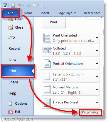 Zrzut ekranu programu Micosoft Word 2010 wybierz plik> menu drukowania z tła, a następnie kliknij Ustawienia strony w programie Word 2010
