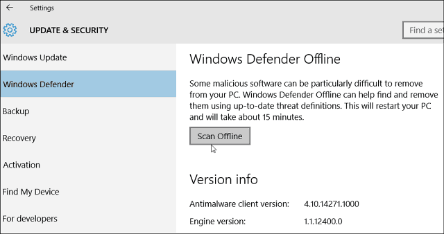 Windows 10 Defender zezwala na skanowanie offline w poszukiwaniu złośliwego oprogramowania