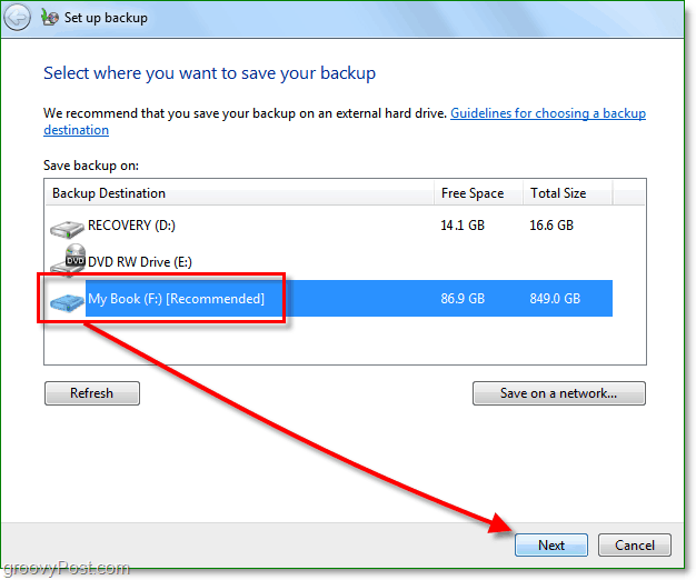 Kopia zapasowa systemu Windows 7 - wybierz lokalizację kopii zapasowej