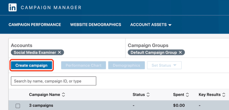 Przycisk Utwórz kampanię w LinkedIn Campaign Manager
