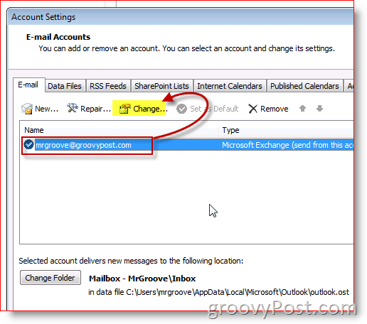 Zrzut ekranu programu Outlook 2010 zmienia ustawienia e-mail